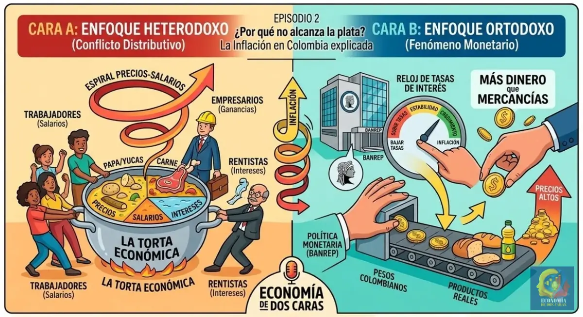 Infografía: inflación en Colombia explicada con ortodoxia vs heterodoxia — sancocho económico vs exceso de dinero